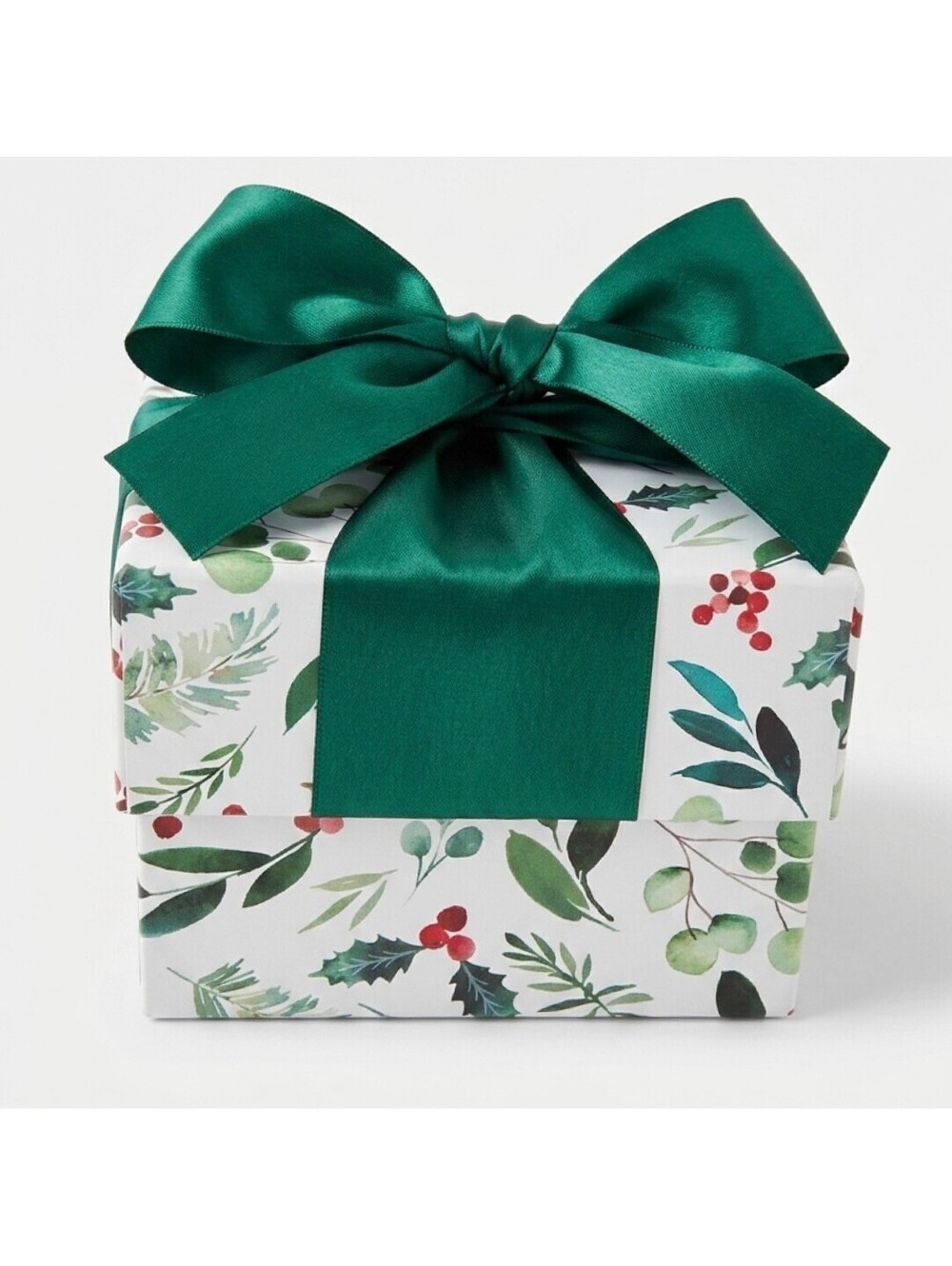 Papyrus Christmas Gift Box Holiday Greenery Holly Berries Satin Bow 6" Square